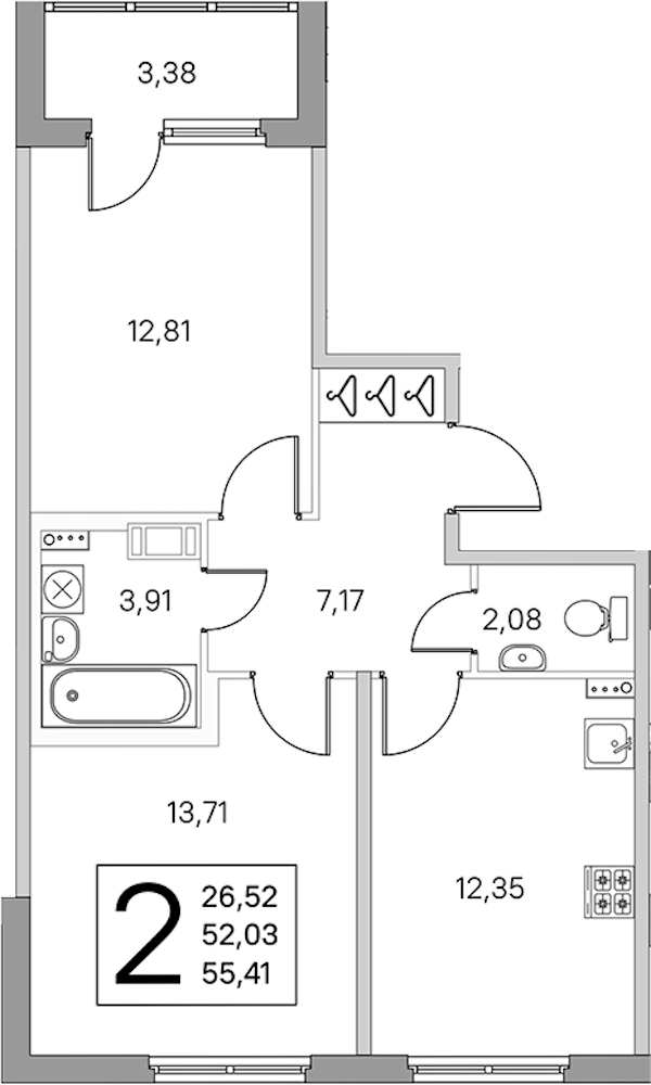 2-комнатная квартира 53.72 м², 2/4 эт., ЖК «Любоград в Стрельне»